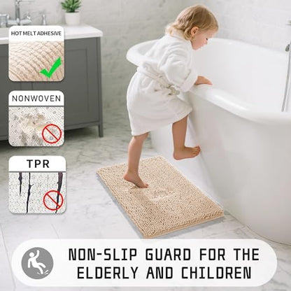 Yimobra Washable Bathroom Rugs, Super Soft & Absorbent Chenille Bath Mat for Floor & Carpet, Quick Dry Non Slip Bath Mat for Tub Shower, 24" x 17",Beige