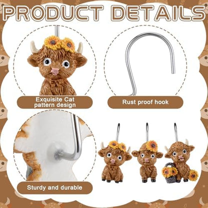 Roowest 12 Pcs Highland Cow Shower Curtain Hooks Sunflower Farmhouse