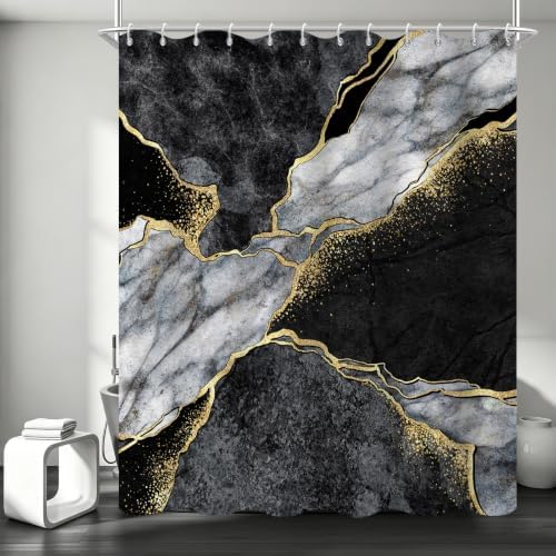 Black Marble Shower Curtain Modern Abstract Luxury Gold Ink Texture Gray Ombre Watercolor Bathroom Curtain Set with Hooks Soft and Lightweight Waterproof Fabric Machine Washable 36" Wx72 L