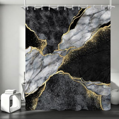 Black Marble Shower Curtain Modern Abstract Luxury Gold Ink Texture Gray Ombre Watercolor Bathroom Curtain Set with Hooks Soft and Lightweight Waterproof Fabric Machine Washable 36" Wx72 L