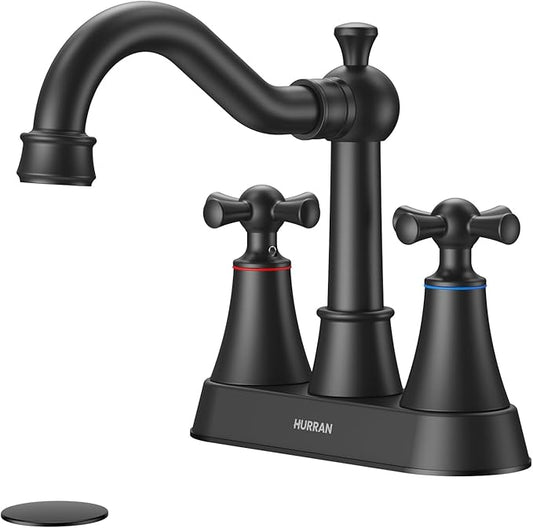 Hurran 4-inch Centerset Matte Black Classical Bathroom Faucet, 2 Handles for 2 or 3 Hole Sink with 360° Swivel Spout, Pop Up Drain Assembly and Supply Hose for Vanity Sink Lavatory Faucet