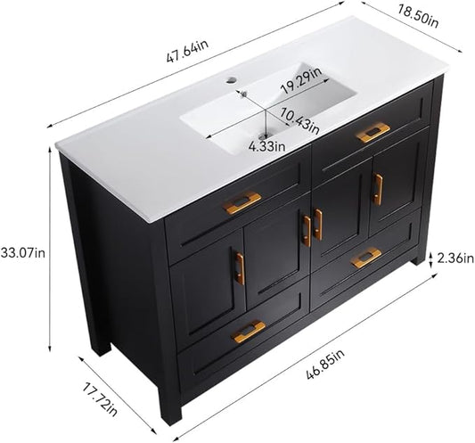 LZ LEISURE ZONE 48" Bathroom Vanity with Ceramic Sink Combo, Abundant Cabinet -4 Soft Close Doors and 4 Drawers, Black