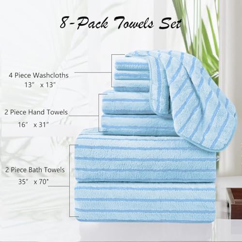 8 Pcs Blue Cabana Stripe Bath Sheet Set Oversized Bath Towel-2 Bathroom Sheets,2 Hand Towels,4 Washcloths Soft Jumbo Towels Absorbent Shower Towel Quick Dry Beach Chair Towel Spa Gym Hotel Towels