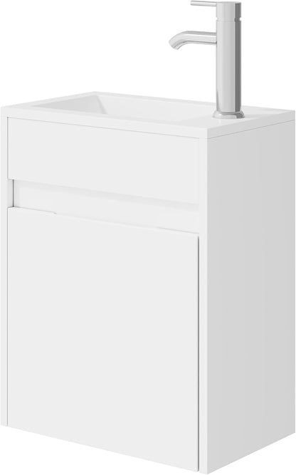 eclife 16" Small Bathroom Vanity Sink Combo, Modern Painted Wall Mounted Floating Cabinet W/Resin Basin Sink Top, Chrome Water Save Faucet & Pop Up Drain (White)
