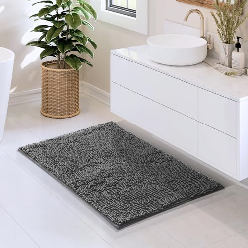 Hearth & Harbor Bathroom Rugs, Chenille Bath Mat - Machine Washable Bath Mats for Bathroom Non-Slip Backing Rubber, Quick Dry Mat - 20x32 - Dark Gray