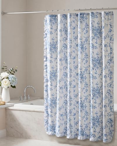 Madison Park Adele Floral Ruffle Shower Curtain Set, Blue, 72x72