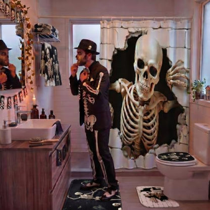 FuWeave 8 Pcs Halloween Shower Curtain Set, Skeleton Breakthrough Bathroom Decor with 3D Wall-Breaking Skull, Include Non-Slip Bath Mat, Toilet Lid Cover, Towels and 12 Hooks for Gothic Bathroom