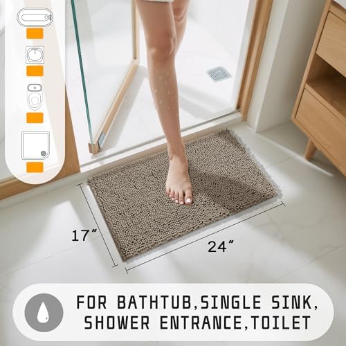 Yimobra Washable Bathroom Rugs, Super Soft & Absorbent Chenille Bath Mat for Floor & Carpet, Quick Dry Non Slip Bath Mat for Tub Shower, 24" x 17",Camel