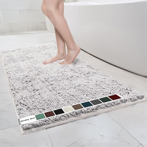Muddy Mat® | Chenille Bathroom Rugs Quick Dry Microfiber Mats Non Slip Washable, Extra Thick, Soft and Highly Absorbent Bath Mats for Bathroom, Kitchen, and Shower Floor - White 36"x60"