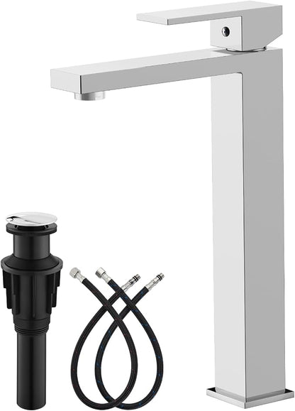 gotonovo Bathroom Vessel Sink Faucet with Pop Up Drain, Polish Chrome | Tall Bathroom Faucet 1 Hole Single Handle, Modern Square Body, cUPC Water Supply Line, SUS304, for Basin Vanity Restroom Rv