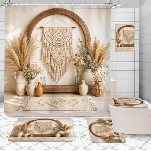 SVBright 4PCs Boho Bathroom Sets Bohemian Shower Curtain Set 72Wx72H Vases and Pampas Grass Bathroom Rug Quick Dry Bath Rug Mat Toilet Mat U-Shape Cover Nonslip Washroom Decor Shower Accessories