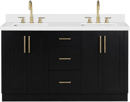 ARIEL Loren 60-inch Bathroom Vanity with Sink,Solid Wood, 1.5-inch Pure White Quartz Countertop, Double Rectangular Porcelain Sink, 4 Soft Closing Doors, 3 Dovetail Drawers, Black