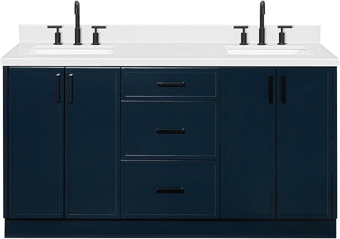 ARIEL Kelly 66-inch Bathroom Vanity with Sink,Solid Wood, 1.5-inch Carrara White Quartz Countertop, Double Rectangular Porcelain Sink, 4 Soft Closing Doors, 5 Dovetail Drawers, Midnight Blue