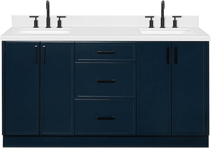 ARIEL Kelly 66-inch Bathroom Vanity with Sink,Solid Wood, 1.5-inch Carrara White Quartz Countertop, Double Rectangular Porcelain Sink, 4 Soft Closing Doors, 5 Dovetail Drawers, Midnight Blue