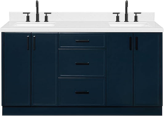 ARIEL Kelly 66-inch Bathroom Vanity with Sink,Solid Wood, 1.5-inch Carrara White Quartz Countertop, Double Rectangular Porcelain Sink, 4 Soft Closing Doors, 5 Dovetail Drawers, Midnight Blue