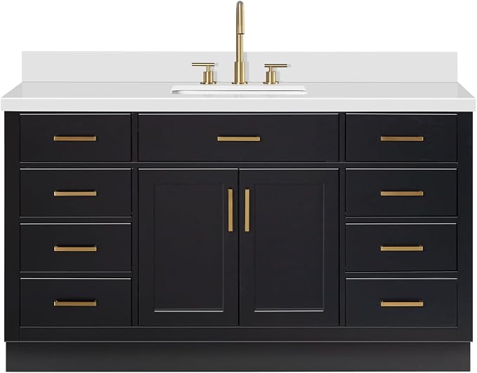 ARIEL Hepburn 60-inch Bathroom Vanity with Sink,Solid Wood, 1.5-inch Pure White Quartz Countertop & Backsplash, Single Rectangular Porcelain Sink, 2 Soft Closing Doors, 9 Dovetail Drawers, Black