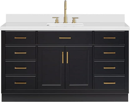 ARIEL Hepburn 60-inch Bathroom Vanity with Sink,Solid Wood, 1.5-inch Pure White Quartz Countertop & Backsplash, Single Rectangular Porcelain Sink, 2 Soft Closing Doors, 9 Dovetail Drawers, Black