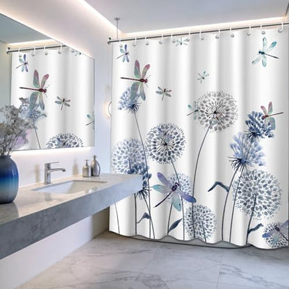 Navy Blue Dandelion Shower Curtain Spring Dark Blue Dragonfly Grey White Watercolor Shower Curtains for Bathroom Decor, Waterproof Cloth Fabric with Hooks 70" Wx72 L