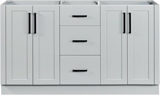 ARIEL Loren 60-inch Bathroom Vanity Base Cabinet,Solid Wood, 4 Soft Closing Doors, 3 Dovetail Drawers, Grey