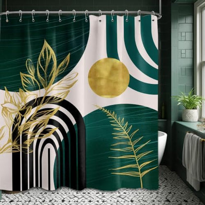 Emerald Green and Gold Shower Curtain, 72x72 in, Mid Century Modern