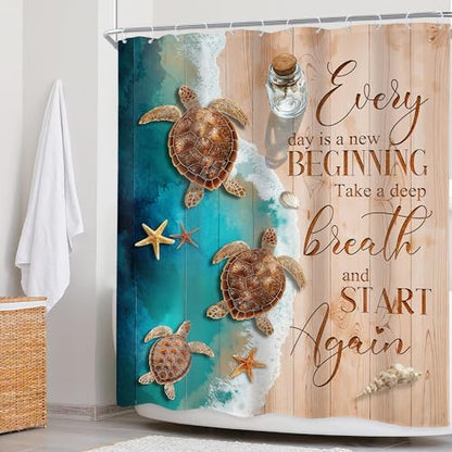 Ocean Beach Turtle Blue Brown Sand Beachy Sea Bathroom Shower Curtain Set