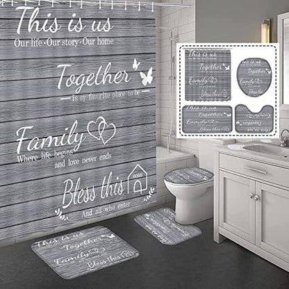 4Pcs Family Shower Curtain Sets with Non-Slip Rugs, Toilet Lid Cover and Bath Mat, Grey Home Bathroom Decor Set Accessories Waterproof Shower Curtains with 12 Hooks, 72 x 72 Inch
