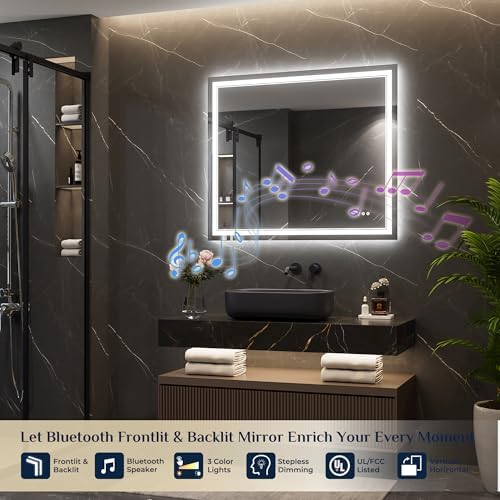 Keonjinn 42 x 36 Inch Lighted Mirrors for Bathroom Wall, Bluetooth Speaker