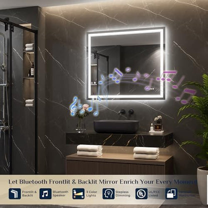 Keonjinn 42 x 36 Inch Lighted Mirrors for Bathroom Wall, Bluetooth Speaker