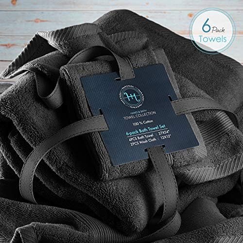 Hearth & Harbor Bath Towels for Bathroom - 100% Ring Spun Cotton Luxury Bathroom Towels - Ultra Soft & Highly Absorbent, Bath Towels Set of 6 - Black