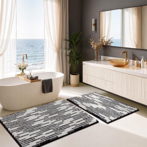 BSICPRO Bathroom Rugs Sets 2 Piece, Modern Bath Mat 20"x32"+16"x24", Black
