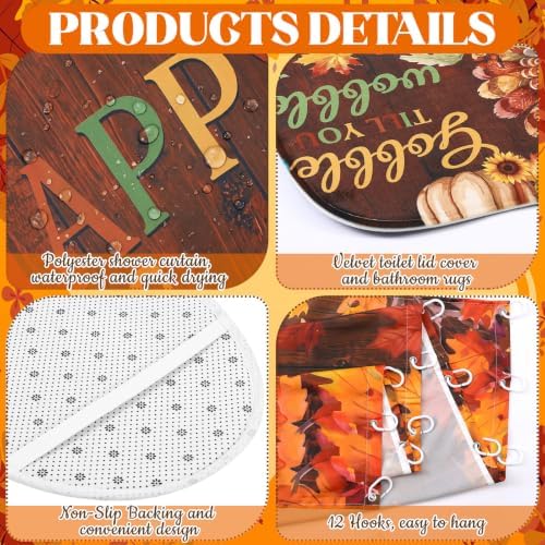 FuWeave 8 Pcs Happy Thanksgiving Shower Curtain Set, Rustic Turkey Pumpkin Farmhouse Bathroom Decor, Non-Slip Bath Rug, U Mat, Toilet Lid Cover, Hand Towels & 12 Hooks, Autumn Fall Harvest Home Decor