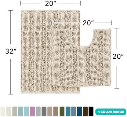 2 Piece Bathroom Rug Set with Toilet Mat, Soft Absorbent Chenille, Non-Slip