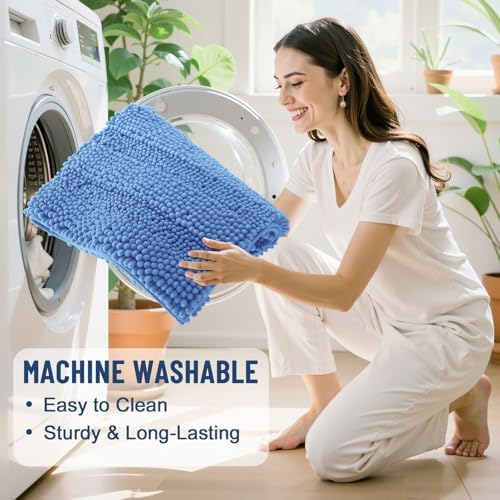 Grandaily Chenille Striped Bathroom Rugs 59x20, Extra Thick and Soft Absorbent Bath Mats, Rubber Backing, Plush Shaggy Shower Carpet, Machine Wash Dry, Bath Rug for Bathroom, Cornflower Blue