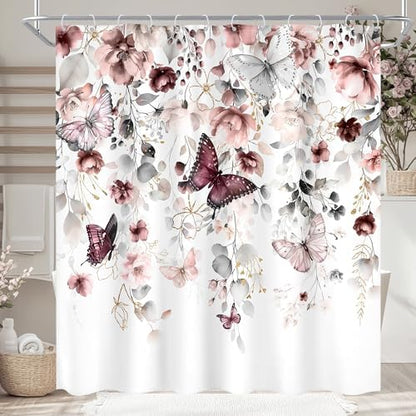Grey Pink Floral Butterfly Spring Summer Bathroom Shower Curtain Set