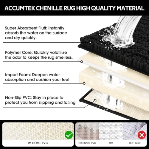 ACCUMTEK Upgrade Luxury 2 Piece Black Toilet Bathroom Rug Mat 48"x20"+24"x17", Ultra Soft Thick Absorbent Bath Mats, Non Slip Chenille Toilet Mat for Bathroom, Bedroom, Kitchen, Shower, Tub
