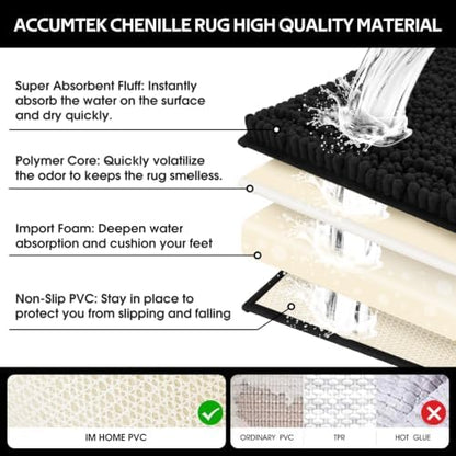 ACCUMTEK Upgrade Luxury 2 Piece Black Toilet Bathroom Rug Mat 48"x20"+24"x17", Ultra Soft Thick Absorbent Bath Mats, Non Slip Chenille Toilet Mat for Bathroom, Bedroom, Kitchen, Shower, Tub