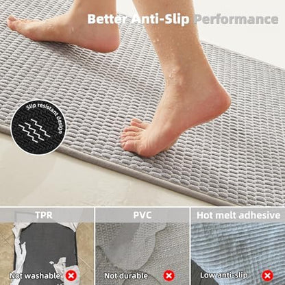 TYUU Bathroom Rugs Non Slip Washable, Super Absorbent Thin Bath Mat Quick Dry Low Pile Bathroom Rug, Light Grey 24"x47"