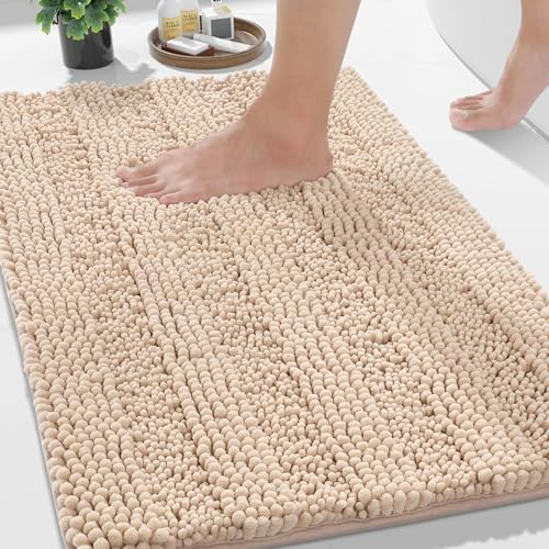 Yimobra Bathroom Rug Mat 32 x 20, Non Slip and Super Absorbent Bath Mat,Machine Washable Quick Dry,Ultra Plush Chenille Shower Rugs for Bathroom Floor Sink Tub and Shower Outside, Beige