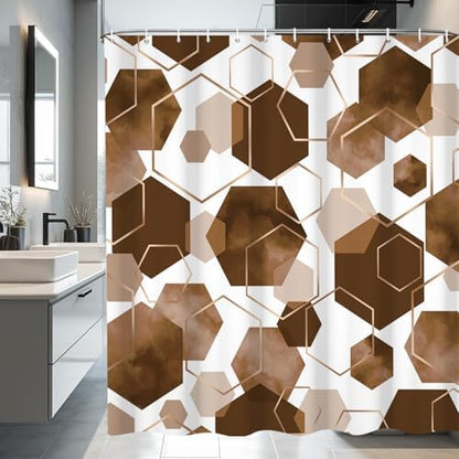deFouliao Brown Modern Shower Curtain Geometric Grid Art Abstract Waterproof Bathroom Curtain for Bathtub Home Hotel Decor, Washable with Hooks, 60x72 Inch