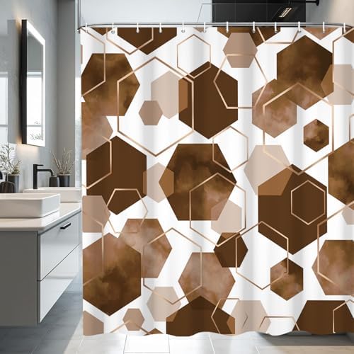 deFouliao Brown Modern Shower Curtain Geometric Grid Art Abstract Waterproof Bathroom Curtain for Bathtub Home Hotel Decor, Washable with Hooks, 48x72 Inch