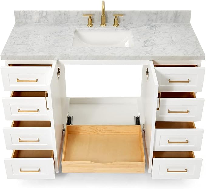 DKB Emilia 54-Inch White Bathroom Vanity with 1.5-Inch Edge Italian Carrara Marble Countertop & Splash, Rectangular Sink, 2 Soft Closing Doors, 9 Full Extension Dovetail Drawers, Satin Brass