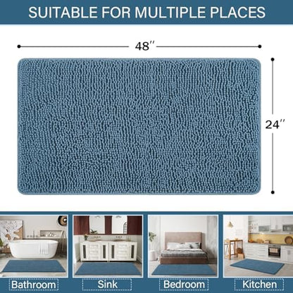 LOCHAS Luxury Bathroom Rug Shaggy Bath Mat 24 x 48 Inch, Denim Blue