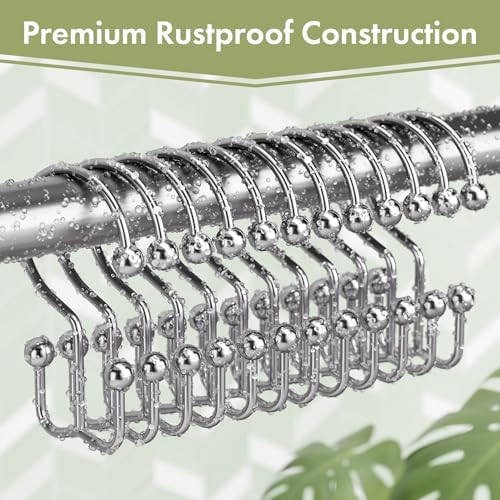 Amazer Chrome Shower Curtain Hooks, 12PCS Minimalist Simple Double Shower Curtain Rings, Rust-Resistant Metal Shower Hooks Shower Curtain Hangers, Shower Rings for Bathroom Shower Rods Curtains