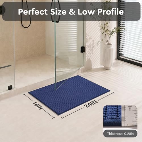 tchdio Bath Mat, Absorbent Bathroom Mat Quick Dry, Thin Bathroom Rugs Fit Under Door, Non Slip Washable Bath Rugs with Solid Rubber Backing, Low Profile Bath Mats for Bathroom, Blue, 16" x 24"