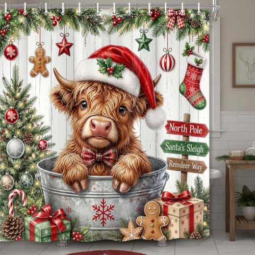 Christmas Highland Cow Shower Curtain Cute Farmhouse Bathroom Decor 72x72in