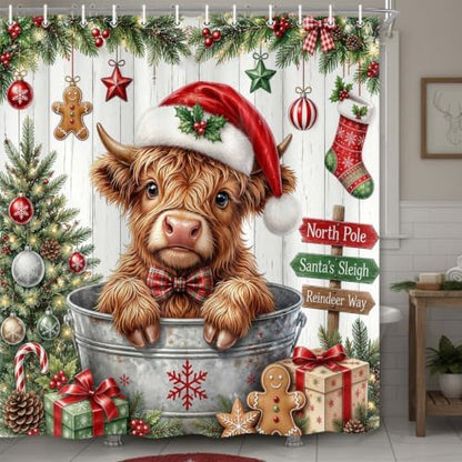 Christmas Highland Cow Shower Curtain Cute Farmhouse Bathroom Decor 72x72in