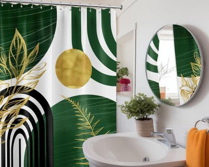 Olive Green and Gold Shower Curtain, 72x72 in, Mid Century Modern
