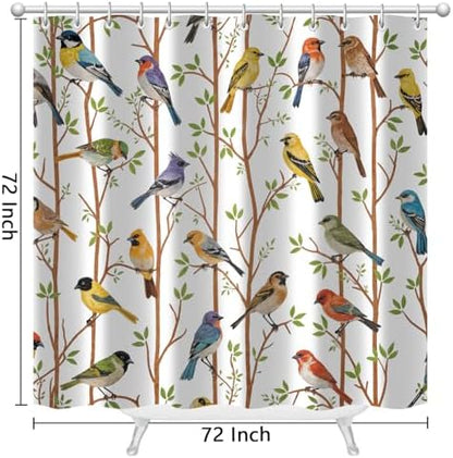 Moonslim Colorful Birds Shower Curtains, Woodland Green Leaves Trees Wildlife Vintage Spring Themed Shower Curtain Set, Fabric Bath Curtain for Bathroom Decor Waterproof Cloth with Hooks 72X72 Inch