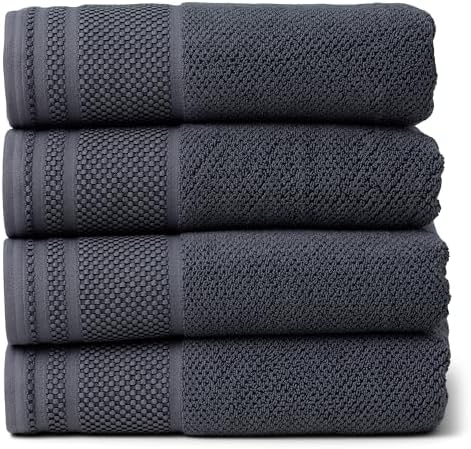 Texere 100% Organic Cotton Rice Weave Jacquard 700 GSM Luxury Bath Towel Sets - Ultra Soft and Absorbent Hotel and Spa Quality (Rice Weave, Charcoal, 4 Bath Towels)