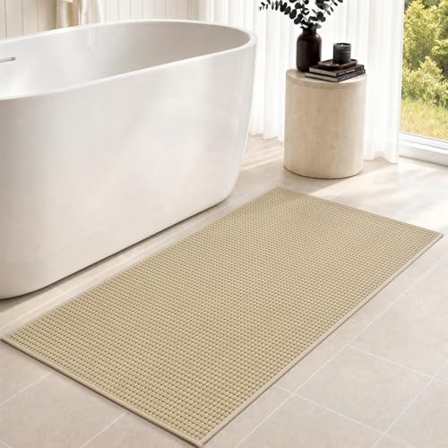 tchdio Bathroom Runner Rug, Absorbent Washable Thin Bath Mat, Non Slip Quick Dry Bath Rugs with Solid Rubber Backing, Low Profile Bath Mat, Beige, 24" x 48"
